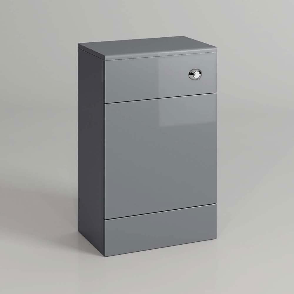 The iBathUK Harper Back To Wall WC Unit, in modern glossy gray, features a single drawer with a round chrome handle above a large door—an ideal choice for an effortless bathroom upgrade.