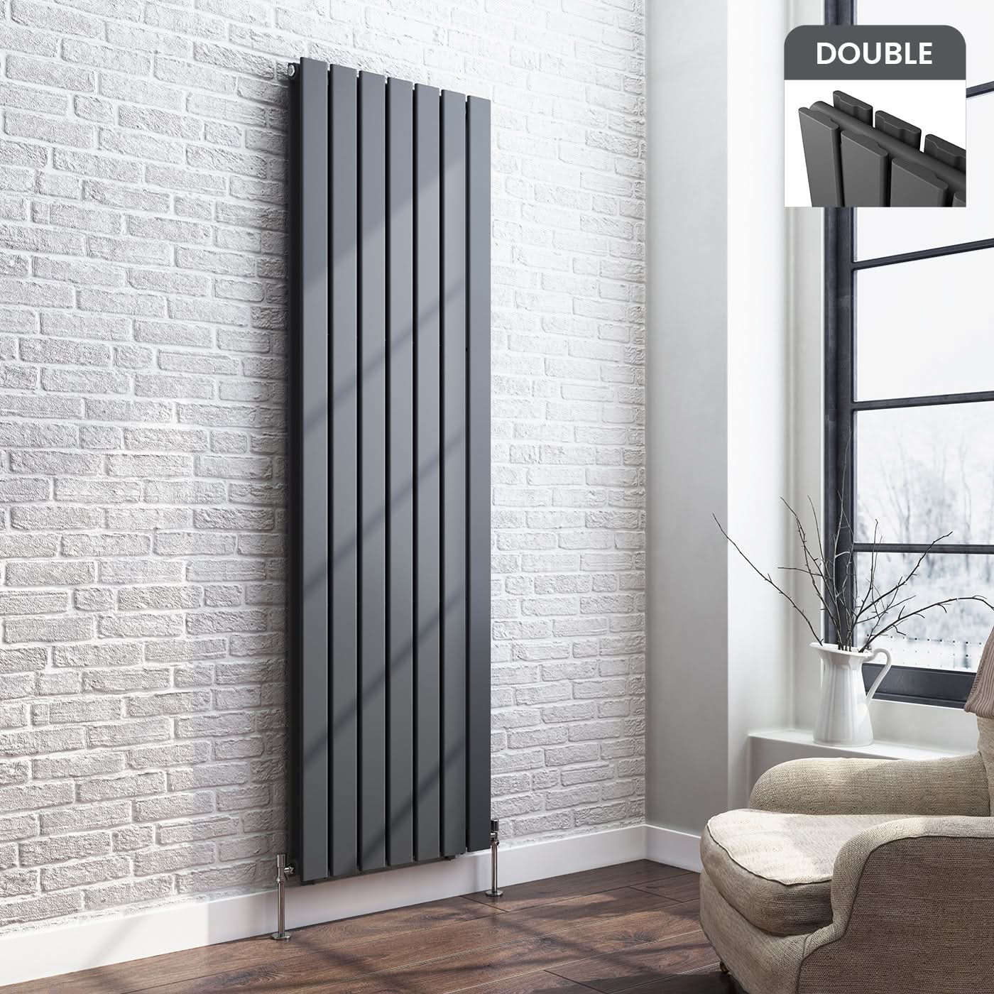 iBathUK Apex Vertical Double Slim Flat Panel Radiator, Designer Radiator, Vertical Radiators