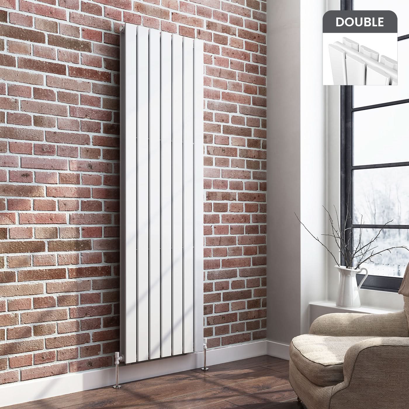 iBathUK Apex Vertical Double Slim Flat Panel Radiator, Designer Radiator, Vertical Radiators