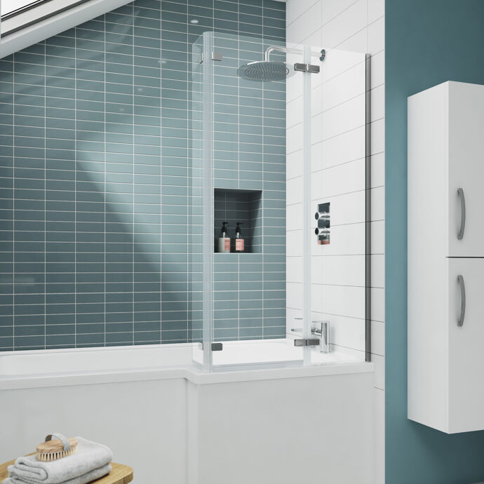 Torino 5mm Glass L-Shaped Hinged Bath Screen - 1400mm x 760mm - Chrome