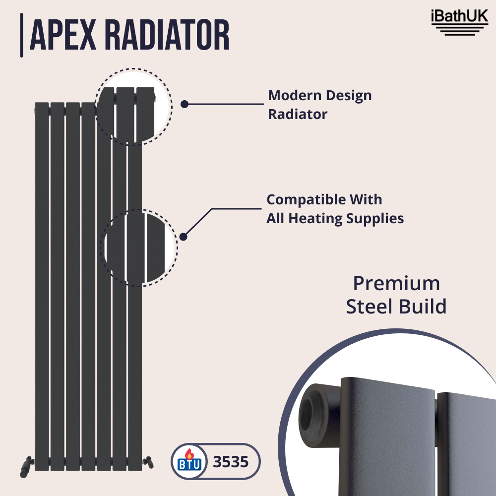 iBathUK Apex Vertical Single Slim Flat Panel Radiator, Designer Radiators, Slim Radiator
