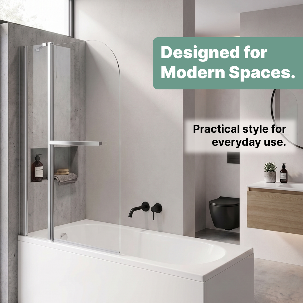 Studio 6mm Glass Curved Bath Screen with Fixed Panel and Towel Rail - 1400mm x 1000mm - Chrome