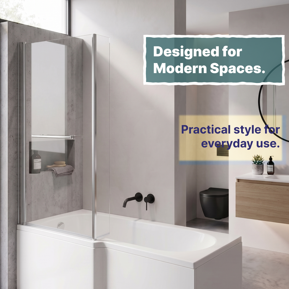 Vector 6mm Glass L Shaped Bath Screen with Towel Rail - 1400mm x 805mm