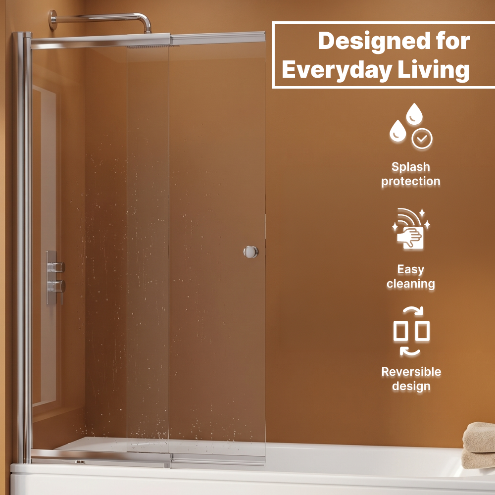 Victor 6mm Glass Sliding Shower Bath Screen with Return Panel - 1400mm x 820mm - Chrome