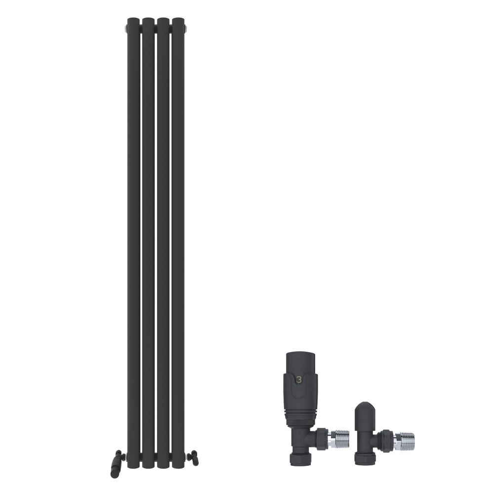 On the left is the iBathUK Strata Vertical Radiator, Double Oval Panel in white, and on the right is a black angled valve set, both from iBathUK, displayed against a white background.