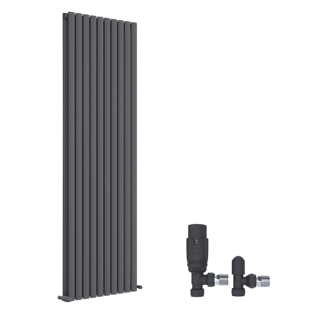 The iBathUK Strata Vertical Double Oval Panel Radiator in white is a designer double panel radiator, shown beside matching black angled radiator valves on a white background.
