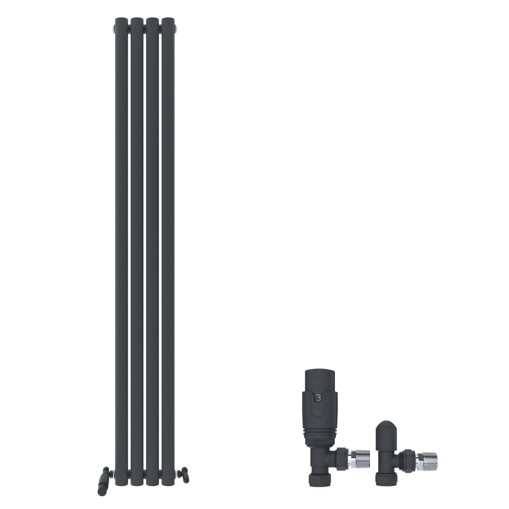 The iBathUK Strata Vertical Radiator is a tall, slim, anthracite designer radiator with four left-side vertical columns and two black radiator valves on the right, shown against a plain white background.