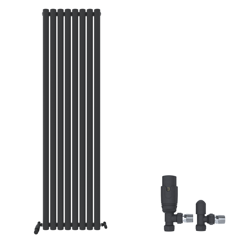 On the left is the iBathUK Strata Vertical Radiator, a single oval panel designer radiator from iBathUK. On the right, two black radiator valves with metallic connectors are displayed against a white background.