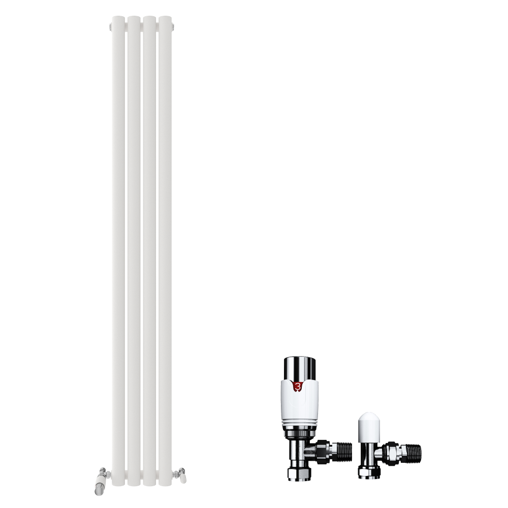 The iBathUK Strata Vertical Radiator, a tall white single oval panel designer radiator, is shown left of two chrome valves (one with a white cap, one with a small white knob), all set against a plain white background.
