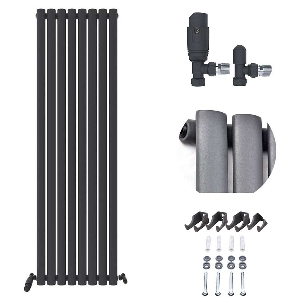 The iBathUK Strata Single Oval Panel Vertical Radiator, shown in anthracite with matching valves, wall brackets, and installation hardware, features a designer look with close-ups of its surface and pipe connections against a white background.