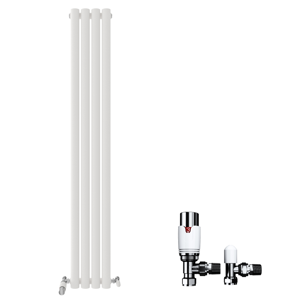 The iBathUK Strata Vertical Radiator, a single oval panel designer radiator in white, is shown on the left; two chrome-finished valves with white caps appear on the right—a stylish iBathUK choice for modern interiors.