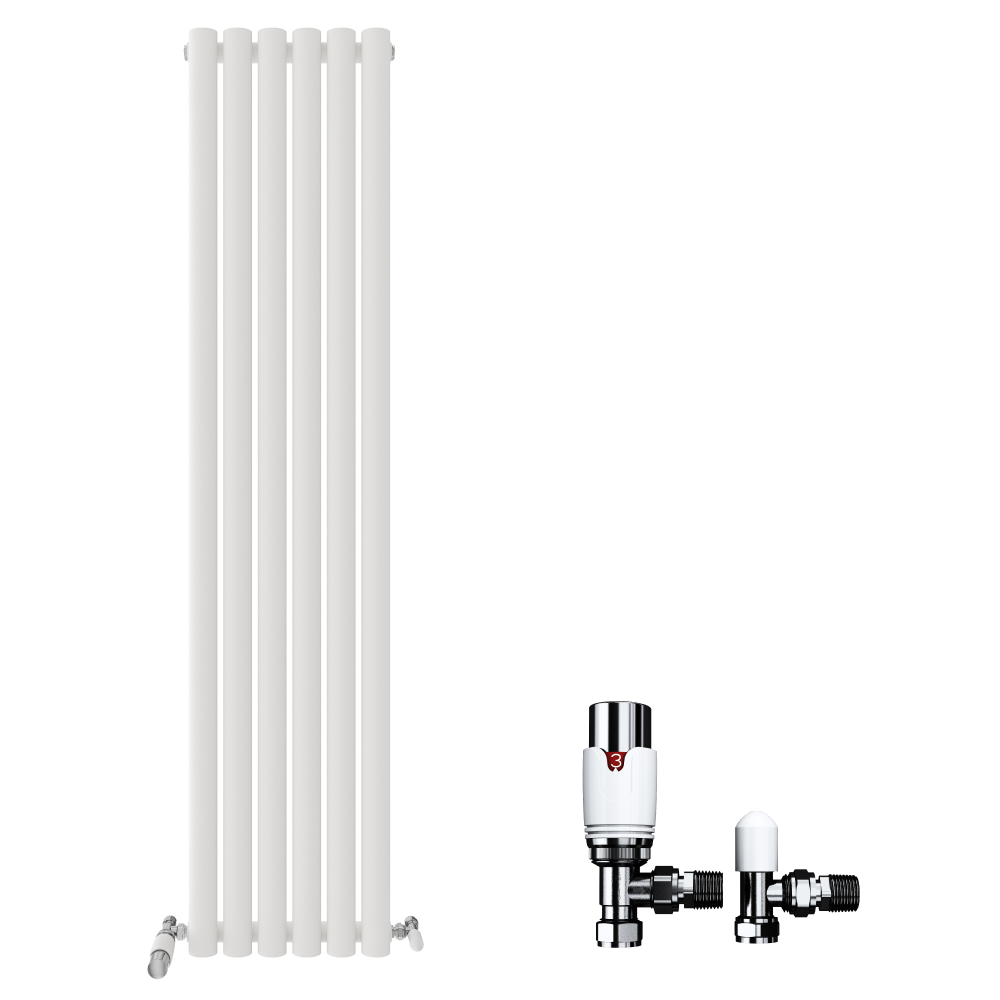 On the left is the iBathUK Strata Vertical Radiator with a single oval panel. On the right are two metal radiator valves, including a white and chrome thermostatic option. The background is plain white.
