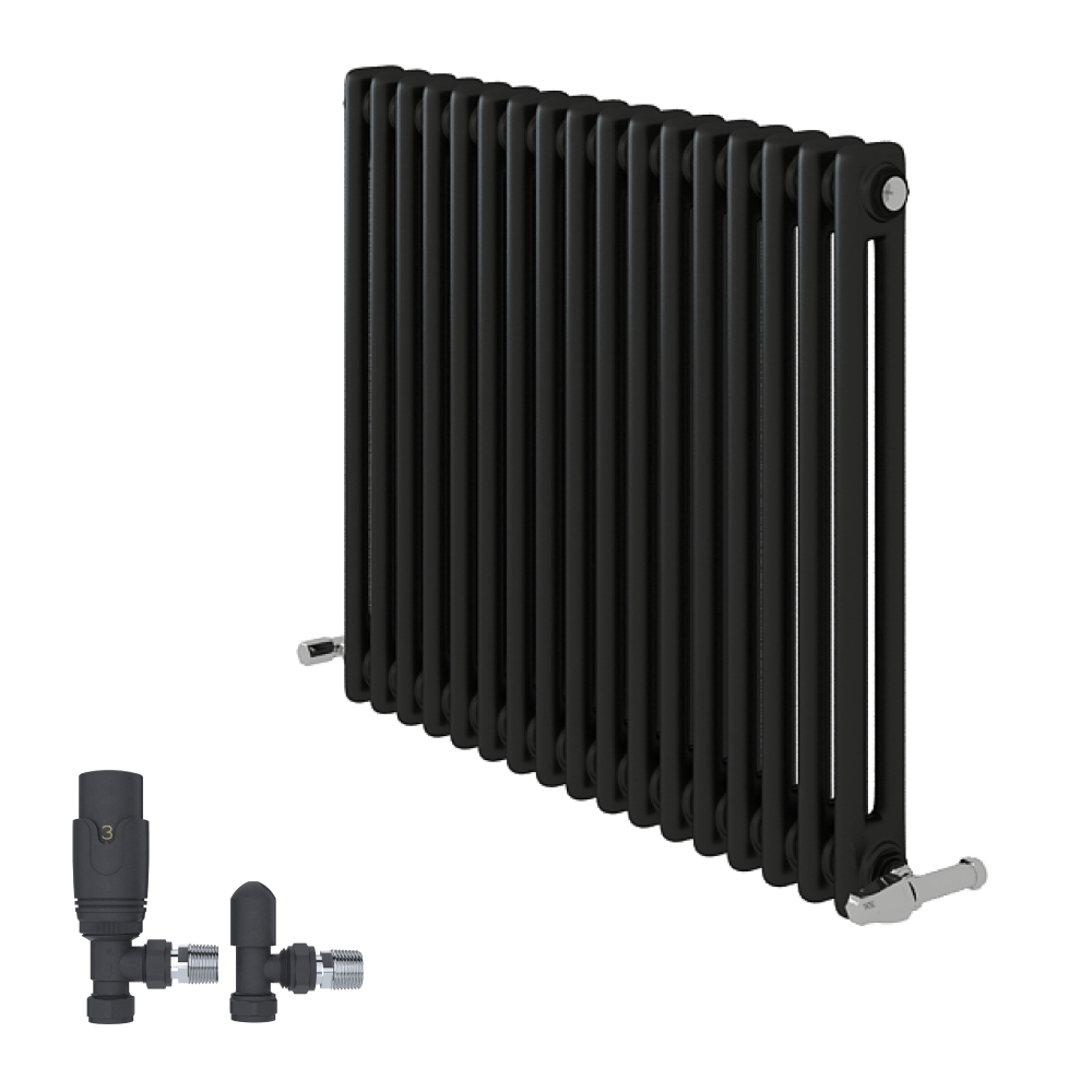 The iBathUK Regency Horizontal Column Radiator in anthracite, a double panel slim design, is displayed with black and silver radiator valves on a white background. Ideal for bathrooms, kitchens, and living rooms.