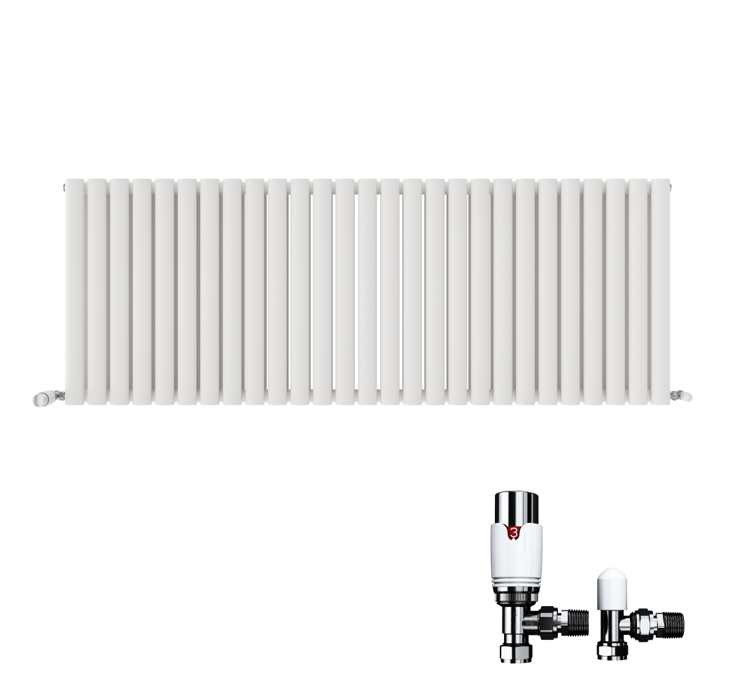 The iBathUK Strata Horizontal Designer Radiator in white, with double oval panels, is shown wall-mounted with two radiator valves—one featuring a temperature control knob—against a white background.
