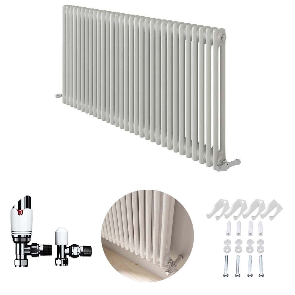 The iBathUK Regency Horizontal Column Radiator, a slim double panel anthracite radiator, is shown with close-up images of its radiator valve, wall brackets, screws, and fittings displayed separately below.