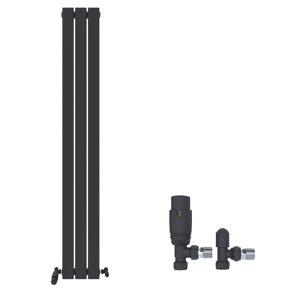 The iBathUK Apex Vertical Single Panel Slim Flat Radiator, a tall black designer radiator, is displayed with matching black radiator valves and fittings on a white background.
