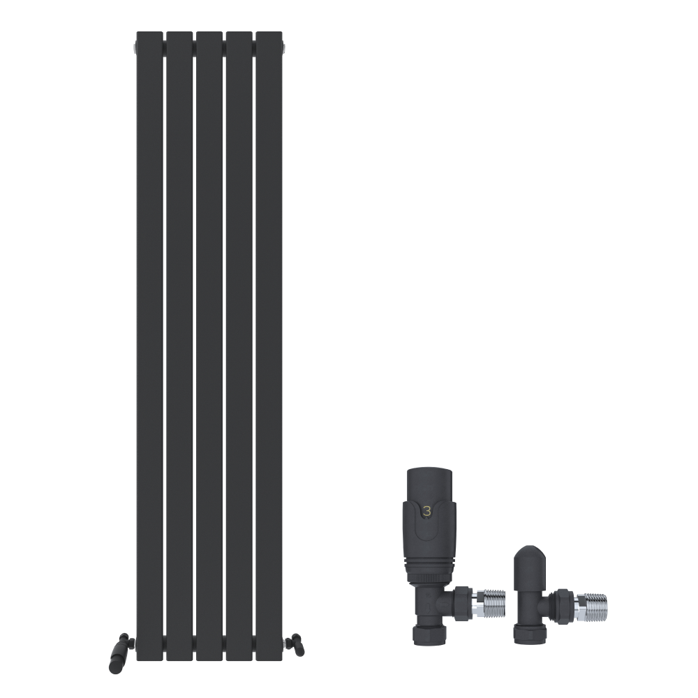 The iBathUK Apex Vertical Single Panel Slim Flat Designer Radiator features four sleek anthracite panels and comes with two black radiator valves and fittings, all displayed separately on a crisp white background.
