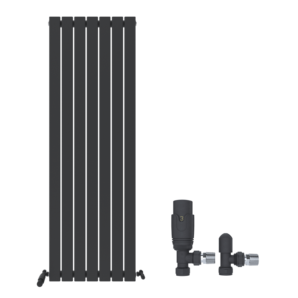 The iBathUK Apex Vertical Single Panel Slim Flat Designer Radiator stands tall on small feet, with two black radiator valves and metal connectors beside it, all set against a plain white background.