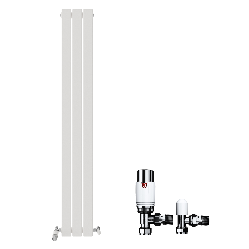 The iBathUK Apex Vertical Single Panel Slim Flat Designer Radiator, in white, features right-side controls and includes two chrome radiator valves, shown against a plain white background.