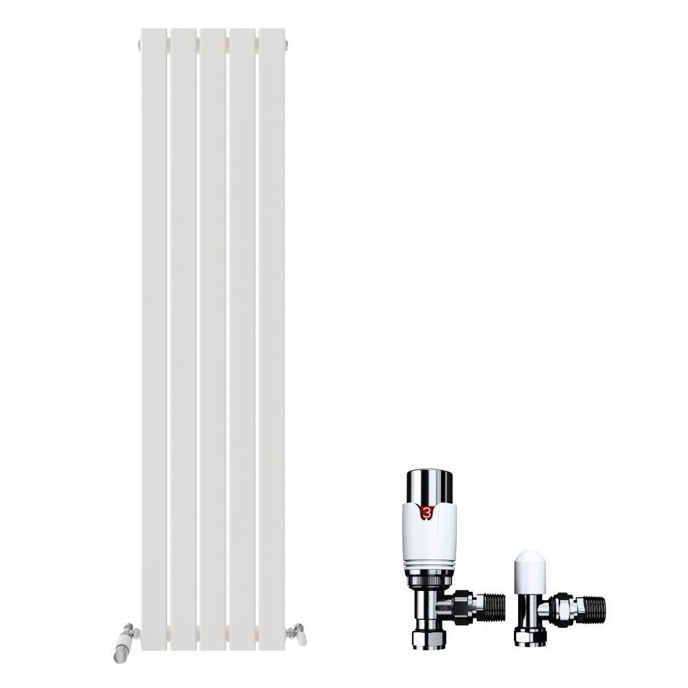 On the left is the iBathUK Apex Vertical Single Panel Slim Flat Designer Radiator, while two chrome radiator valves are shown on the right, both set against a plain white background.