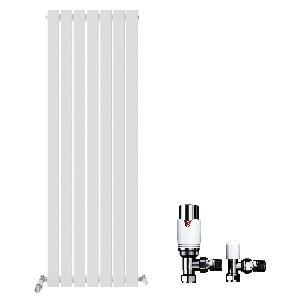 The iBathUK Apex Vertical Single Panel Slim Flat Radiator, a tall white designer radiator, is shown with two chrome radiator valves—one featuring a white cap and the other equipped with a marked control knob.