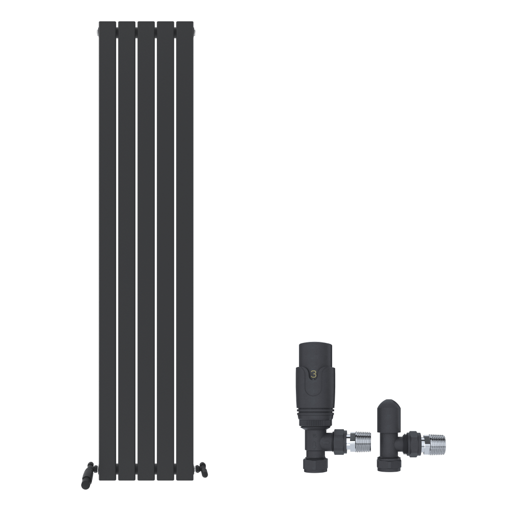 The iBathUK Apex Vertical Single Panel Slim Flat Designer Radiator in black stands on the left; on the right, two matching black radiator valves with fittings are shown separately against a white background.