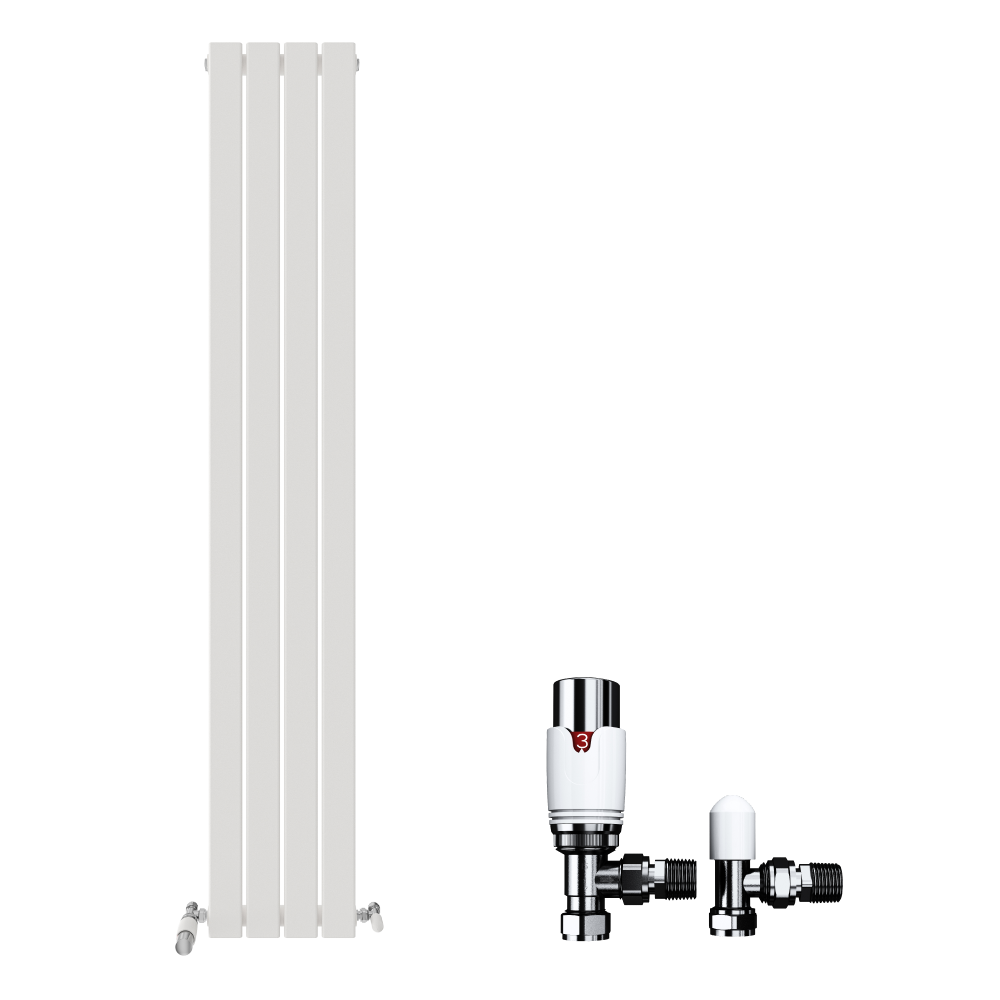 The iBathUK Apex Vertical Single Panel Slim Flat Designer Radiator in white is displayed on the left, with two chrome radiator valves to the right, all set against a white background.