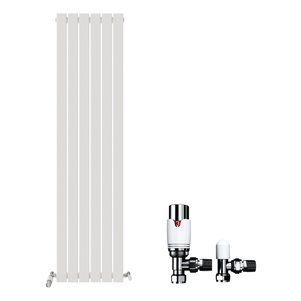 The iBathUK Apex Vertical Single Panel Slim Flat Radiator, shown with two chrome valves (one with a white cap) against a white background, is an ideal modern designer radiator for stylish heating by iBathUK.