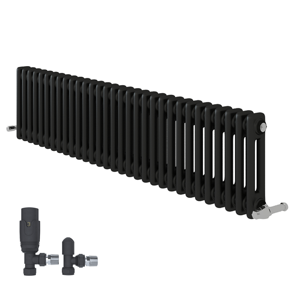 The iBathUK Regency Horizontal Column Radiator is a slim, anthracite double panel radiator for bathrooms, kitchens, or living rooms, shown wall-mounted with two black and silver radiator valves in the lower left corner.