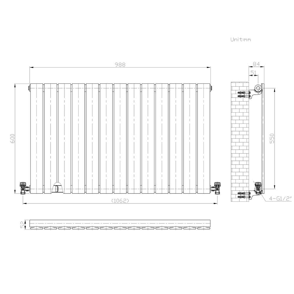 iBathUK Apex Horizontal Single Panel Slim Radiator, Designer Heating Radiators