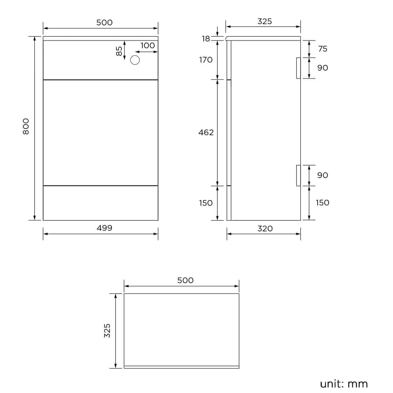 Technical drawing of the iBathUK Harper Back To Wall WC Unit with front, side, and top views. Dimensions: 800mm (H) x 500mm (W) x 325mm (D). Includes handles and a circular cutout—perfect for modern bathroom upgrades.