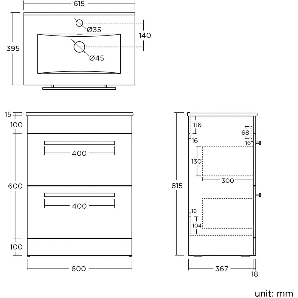 Avon 2 Drawer Floorstanding Vanity Unit With Basin - 615mm x 815mm - 1 Tap Hole - Gloss White