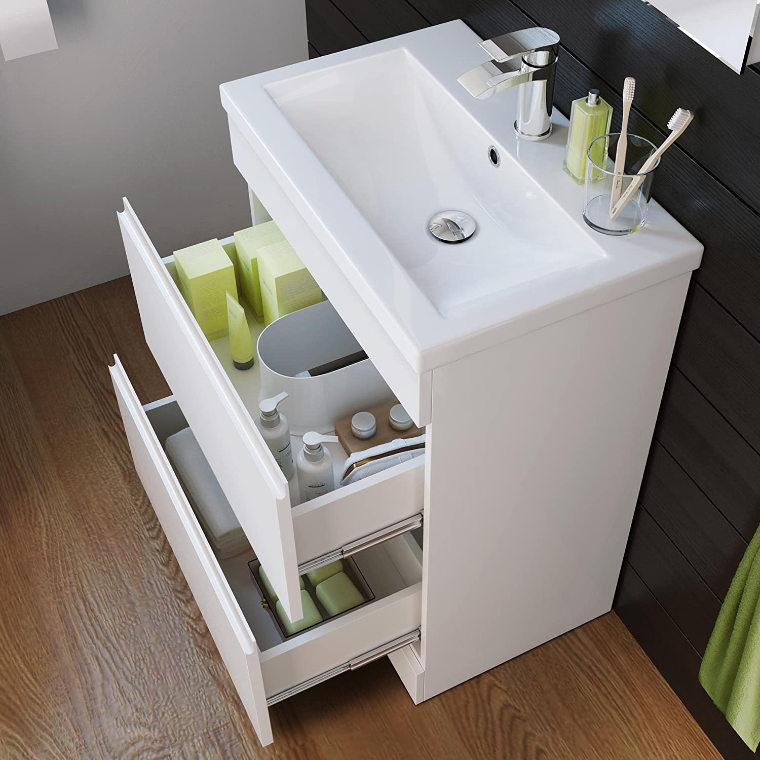 Modern 2 Drawer Floorstanding Vanity Unit With Basin - 838mm x 615mm x 367mm - White
