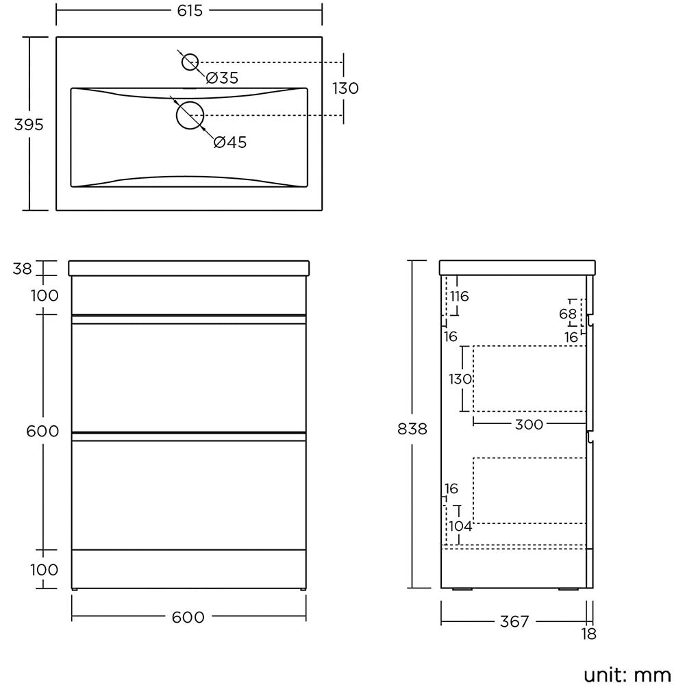 Modern 2 Drawer Floorstanding Vanity Unit With Basin - 838mm x 615mm x 367mm - White