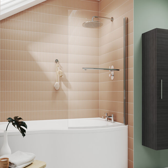 Quartz 6mm Glass Curved B-Shaped Bath Screen with Towel Rail - 1433mm x 858mm - Chrome