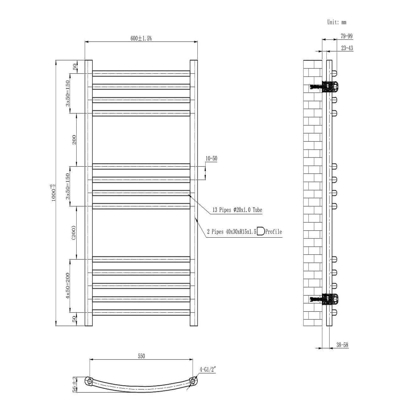 Curved Heated Towel Rail Bathroom Radiator - Chrome