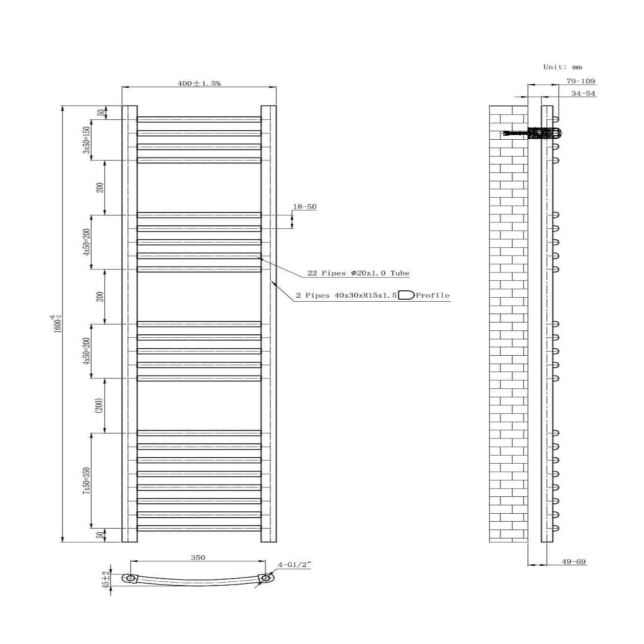 Curved Heated Towel Rail Bathroom Radiator - Chrome