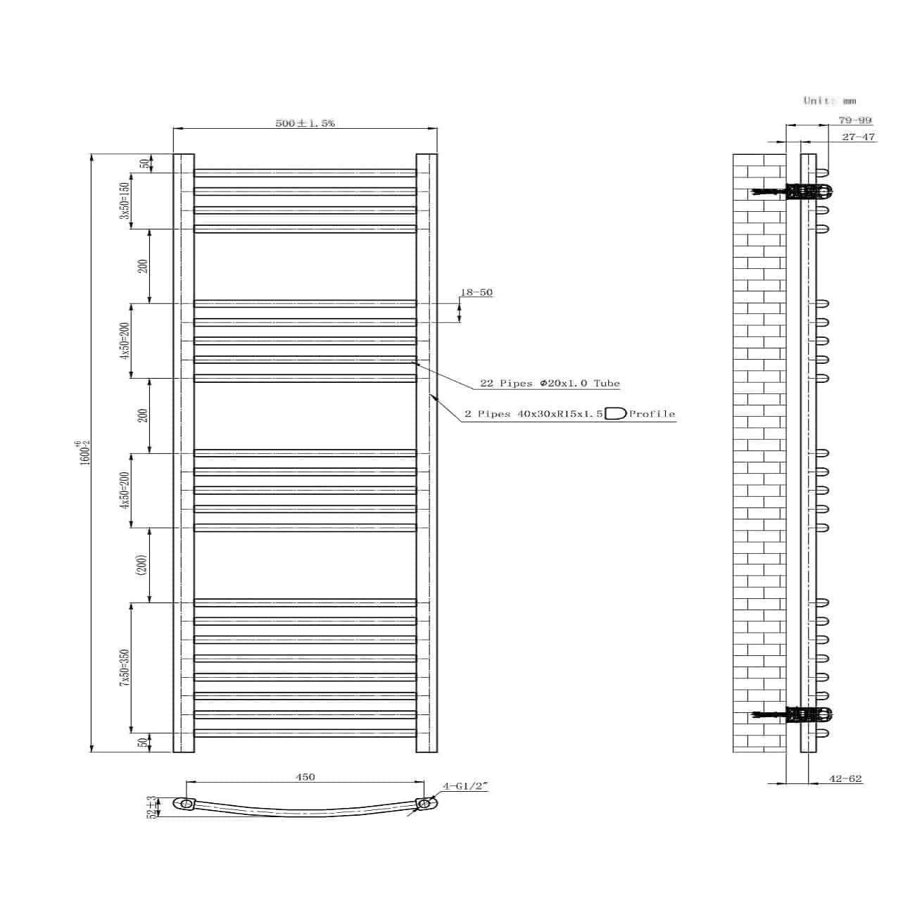 Curved Heated Towel Rail Bathroom Radiator - Chrome
