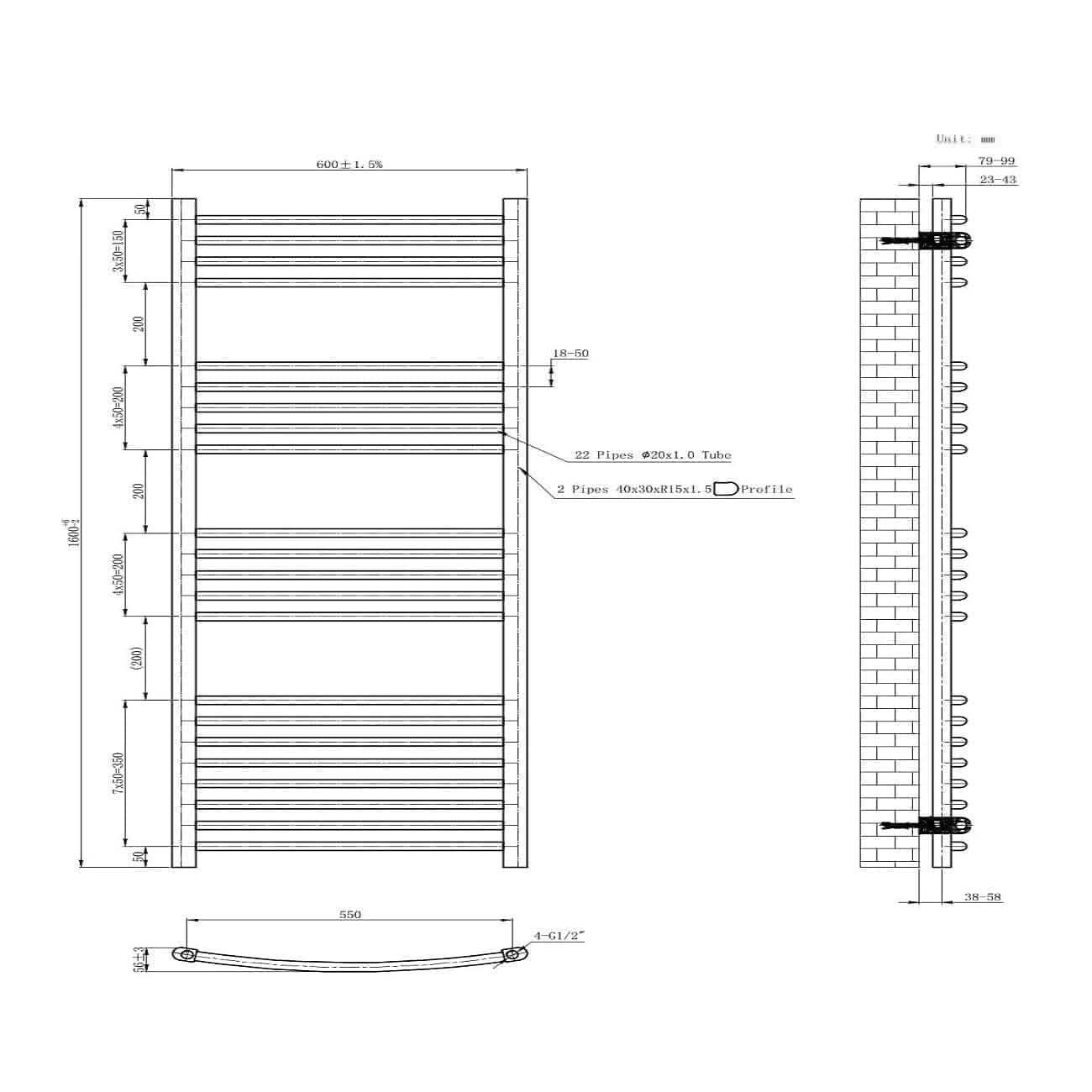Curved Heated Towel Rail Bathroom Radiator - Chrome