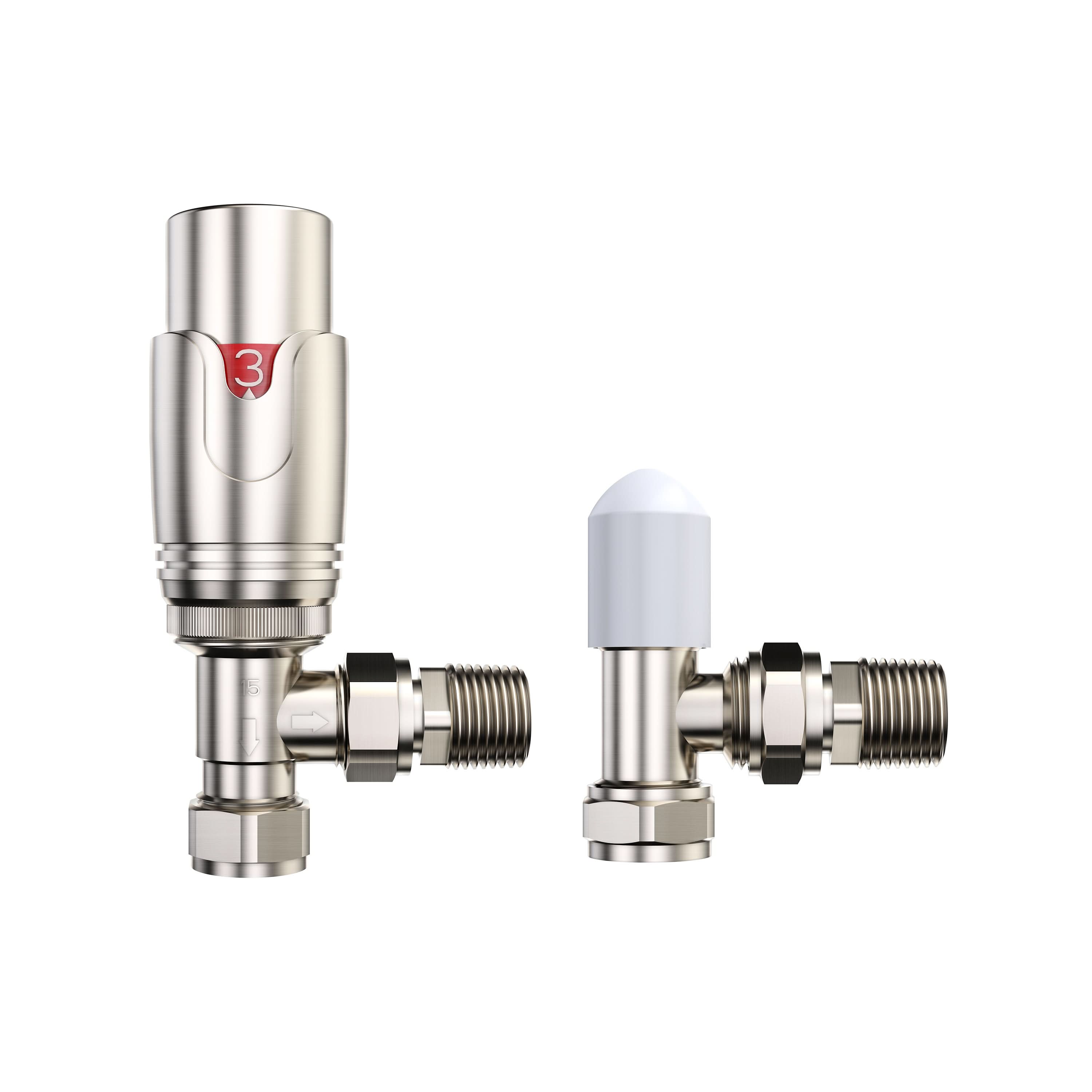 The iBathUK Pro 1/2 Thermostatic Radiator Valve TRV with a red 3 indicator and the matching lockshield valve with a white cap are displayed against a white background.