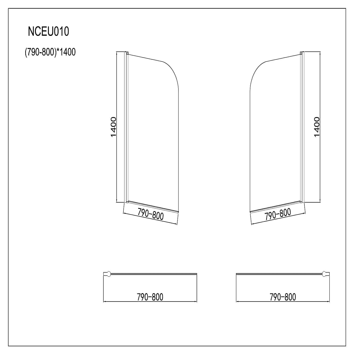 Modern Curved Edge Straight Bath Screen - 6mm Glass - 1400mm x 800mm - Chrome