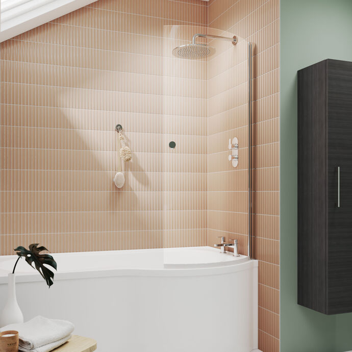 Drift 6mm Glass Curved P-Shaped Bath Screen with Knob Handle - 1433mm x 715mm - Chrome