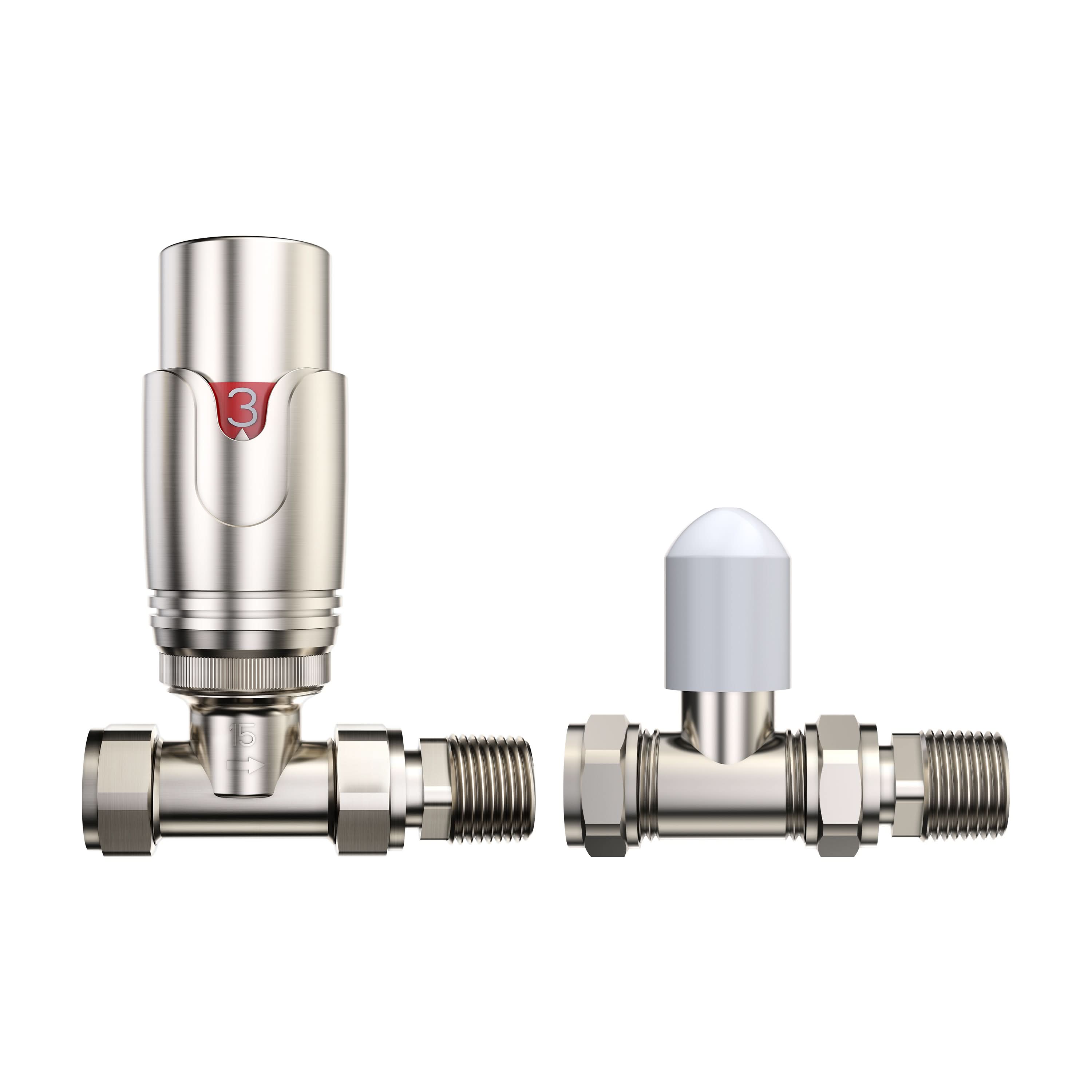 The iBathUK Pro 1/2 Thermostatic Radiator Valve TRV and Lockshield are shown side by side on a white background, with the TRV featuring a numbered dial and the Lockshield topped with a white plastic cap.