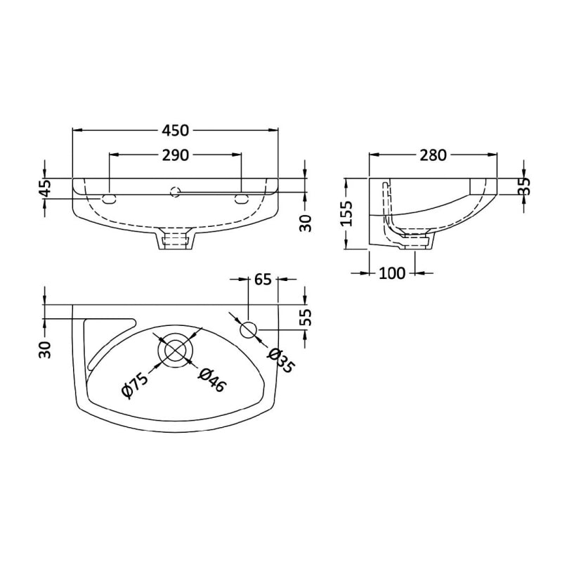 Sydney Cloakroom Wall Hung Basin - 450mm Wide - 1 TH - White