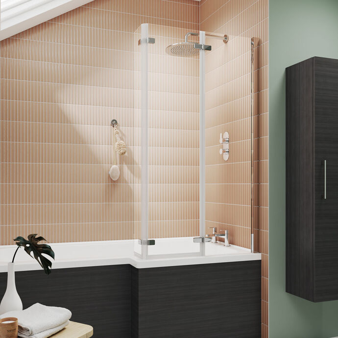 Aqua 6mm Glass L-Shaped Double Hinged Bath Screen - 1400mm x 812mm - Chrome