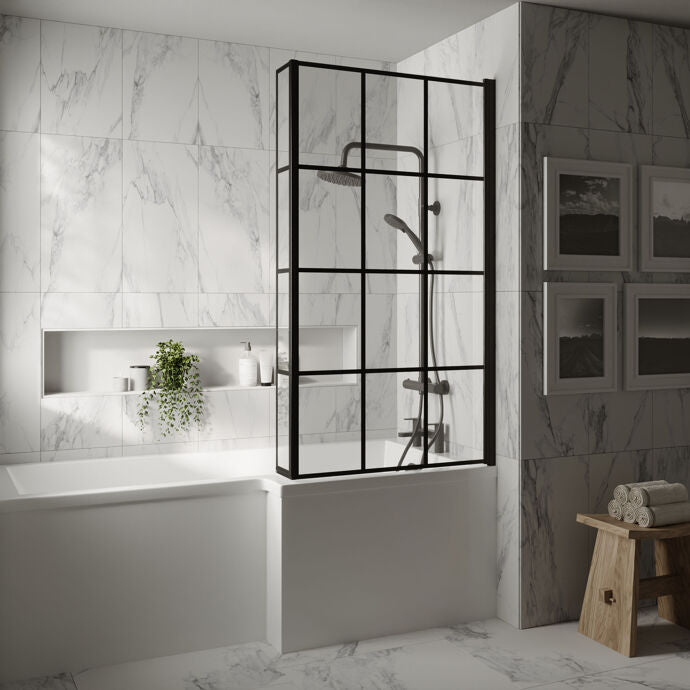 Willow Square 6mm Glass Framed Bath Screen with Fixed Return Panel - 1430mm x 795mm - Matt Black