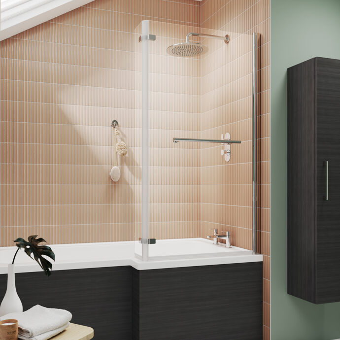 Alvero 6mm Glass L-Shaped Hinged Bath Screen with Fixed Return Panel and Towel Rail - 1416mm x 815mm - Chrome