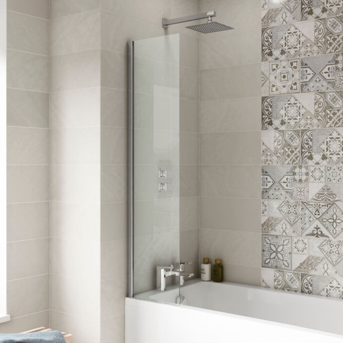 Luxe 6mm Glass Square Fixed Bath Screen Panel - 1400mm x 350mm - Chrome