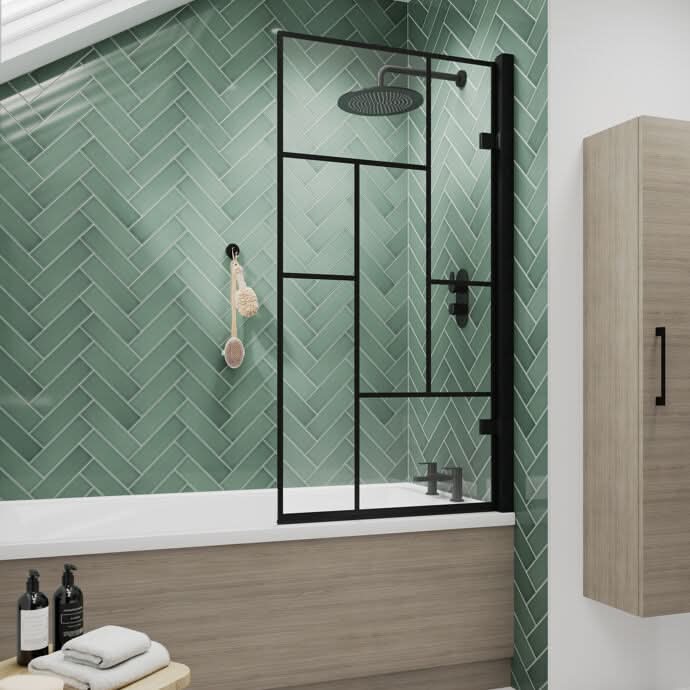 Rexa 8mm Glass Contemporary Abstract Bath Screen - 1520mm x 830mm - Matt Black
