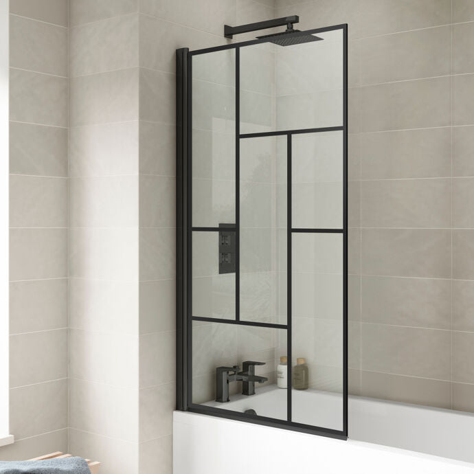 Rivera 6mm Abstract Glass Framed Bath Screen - 1430mm x 790mm - Matt Black